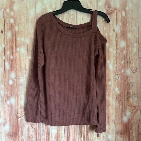 SHEIN Dusty Rose Pink Waffle Knit Asymmetrical Neck Side Slit Top - Picture 2 of 11